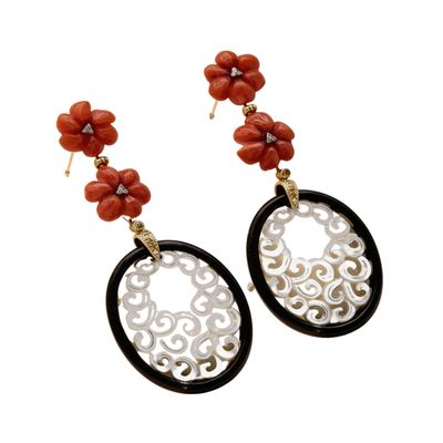 Art Deco 18K Gold Earrings with Diamonds 0.12 ct, Mother-of-Pearl, Onyx &amp; Coral