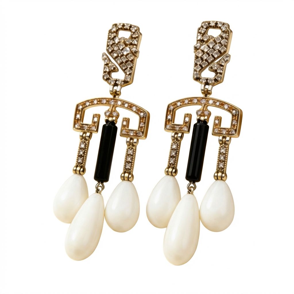 Art Deco 9K Gold Earrings with Diamonds 1.1 ct, Pink Coral &amp; Black Onyx