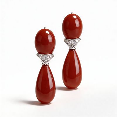 Art Deco 18K Gold Earrings with Diamonds 0.10 ct &amp; Red Mediterranean Coral