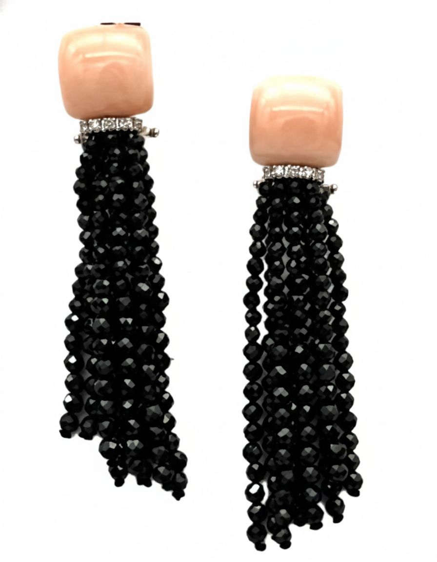 Art Deco 18K Gold Earrings with Diamonds 0.10 ct, Pink Coral &amp; Onyx