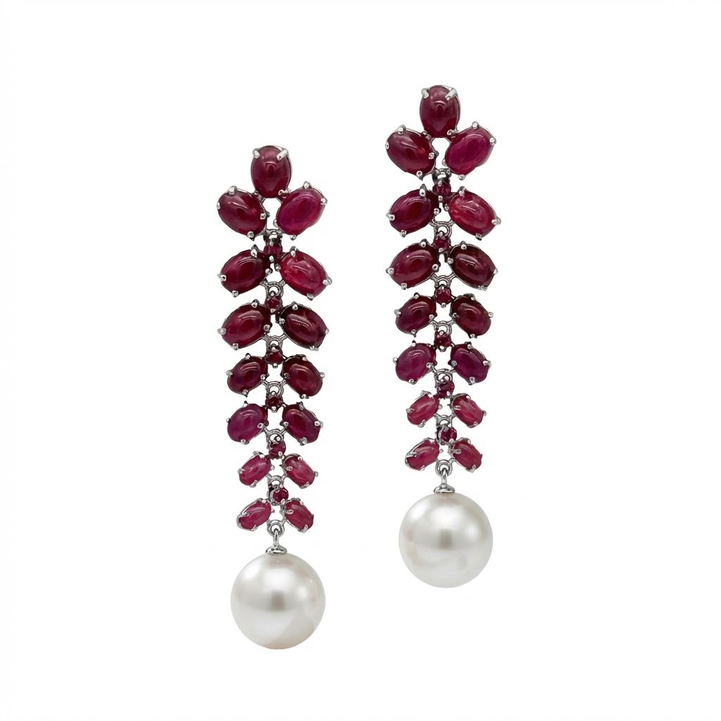 Art Deco 9K Gold Earrings with Rubies &amp; Australian Drop Pearls