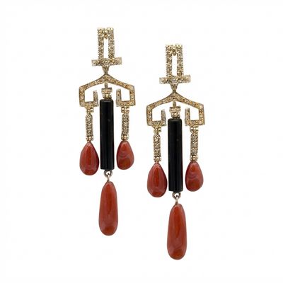 Art Deco 9K Gold Earrings with Rose-Cut Diamonds 1.1 ct, Red Mediterranean Coral Drops &amp; Onyx