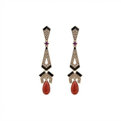 Art Deco 9K Gold Earrings with Rose-Cut Diamonds 1.1 ct, Red Mediterranean Coral Drops &amp; Black Enamel