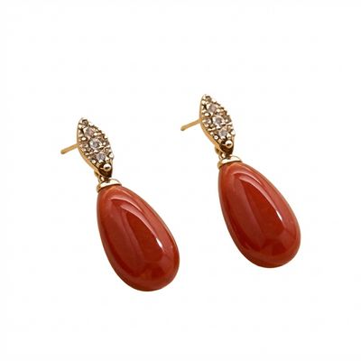 Art Deco 9K Gold Earrings with Diamonds 0.15 ct &amp; Red Mediterranean Coral