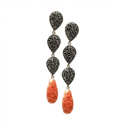 9K Gold Earrings with Rose-Cut Diamonds 1.30 ct &amp; Carved Rose Coral Drops