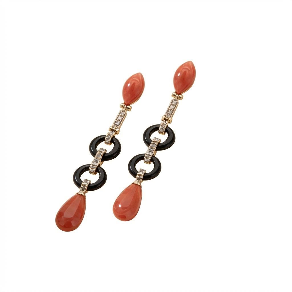 Art Deco 18K Gold Earrings with White Sapphires 1.1 ct, Red Mediterranean Coral &amp; Black Enamel Drops