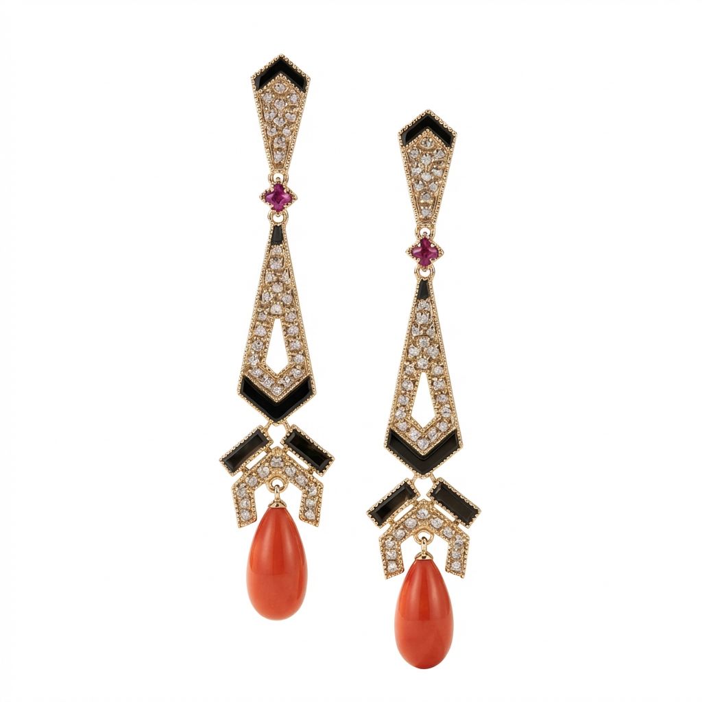 Art Deco 9K Gold Earrings with Rose-Cut Diamonds 1.1 ct, Red Mediterranean Coral Drops &amp; Black Enamel