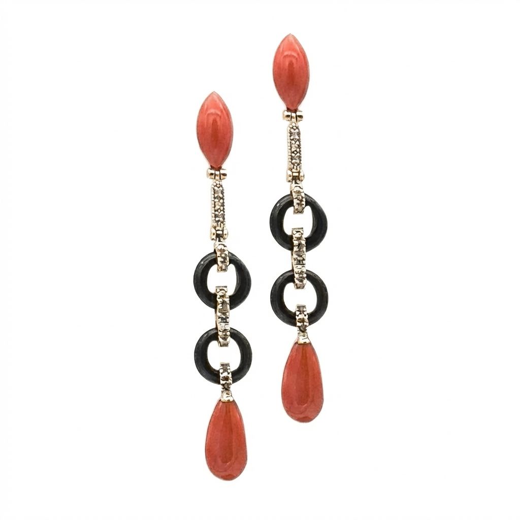 Art Deco 9K Gold Earrings with Rose-Cut Diamonds 0.50 ct, Red Mediterranean Coral Drops &amp; Onyx