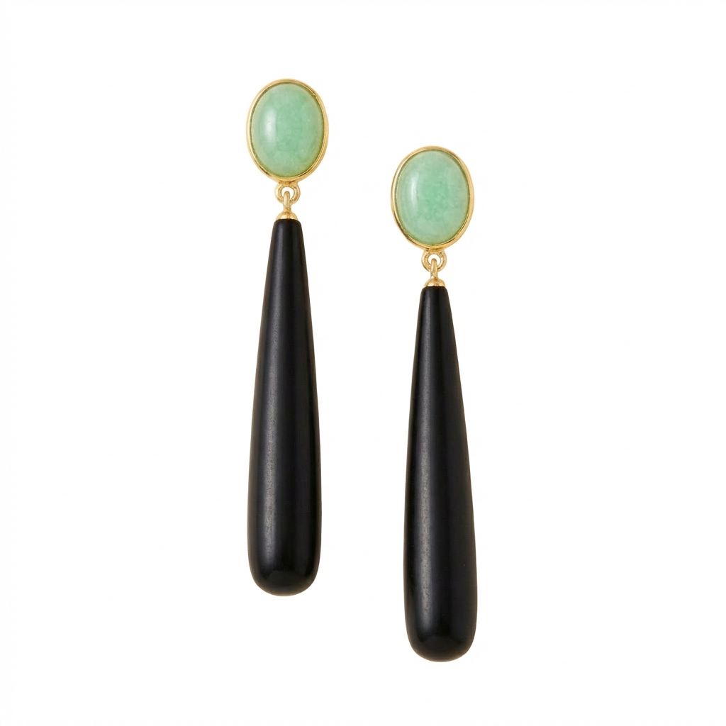 Art Deco 9K Gold Earrings with Rose-Cut Diamonds 0.10 ct &amp; Chrysoprase Cabochons