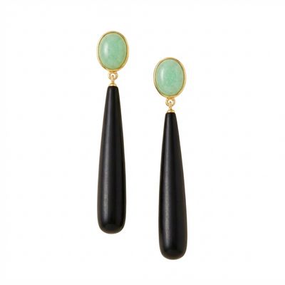 Art Deco 9K Gold Earrings with Rose-Cut Diamonds 0.10 ct &amp; Chrysoprase Cabochons