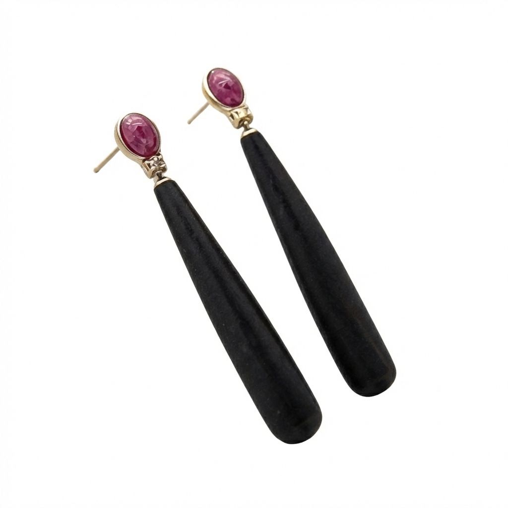 Art Deco 9K Gold Earrings with Rose-Cut Diamonds 0.10 ct, Ruby &amp; Ebony Drops