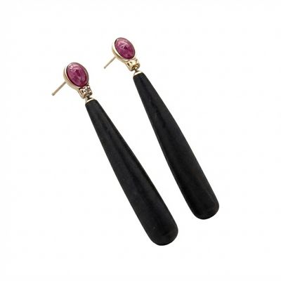 Art Deco 9K Gold Earrings with Rose-Cut Diamonds 0.10 ct, Ruby &amp; Ebony Drops