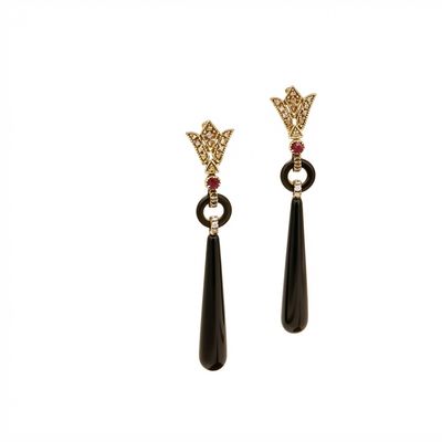Art Deco 9K Gold Earrings with Rose-Cut Diamonds 0.40 ct, Ruby &amp; Onyx Drops