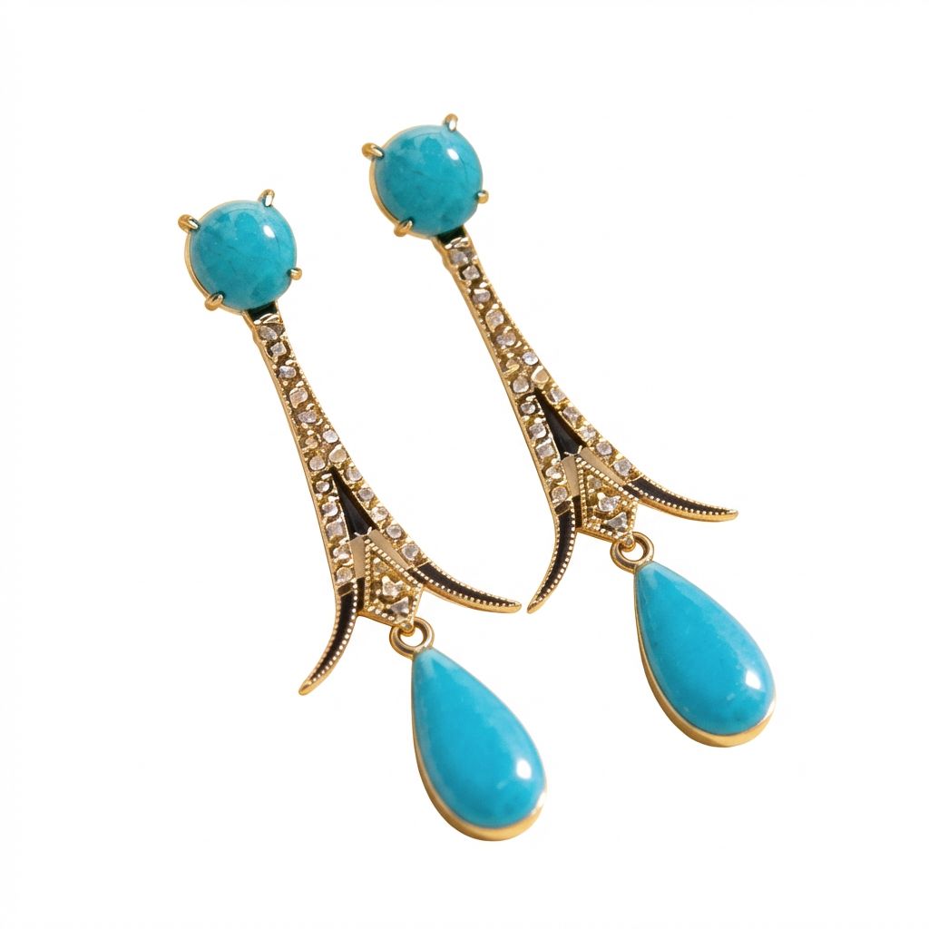 Art Deco 9K Gold Earrings with Rose-Cut Diamonds 0.50 ct, Turquoise Drop &amp; Black Enamel