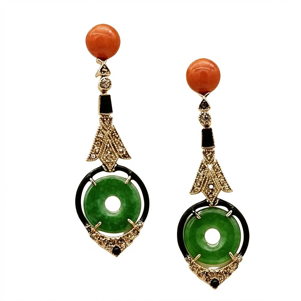 Art Deco 9K Gold Earrings with Rose-Cut Diamonds 0.30 ct, Red Mediterranean Coral, Jade &amp; Black Enamel