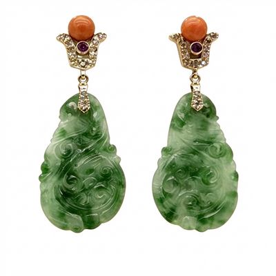 Art Deco 9K Gold Earrings with Rose-Cut Diamonds 0.25 ct, Red Mediterranean Coral &amp; Jade