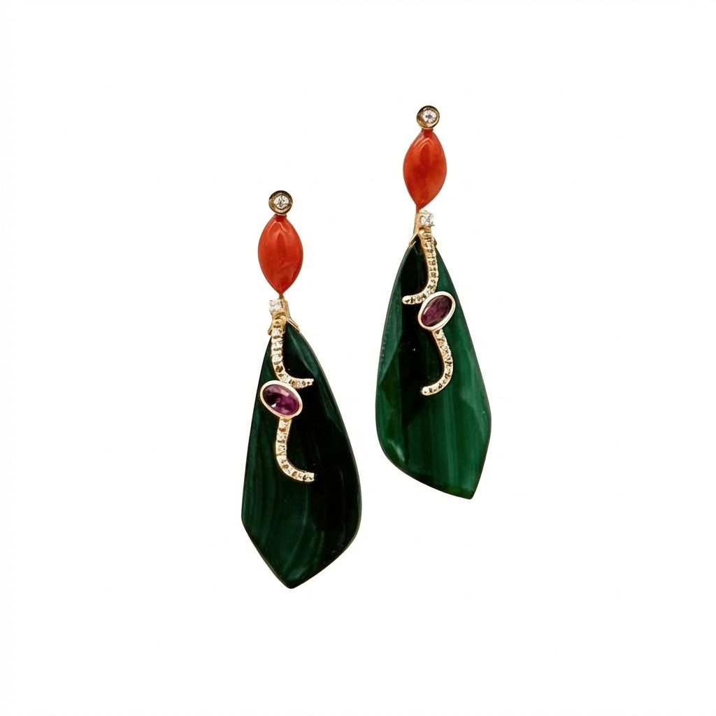 Art Deco 9K Gold Earrings with Rose-Cut Diamonds 0.30 ct, Ruby Red Mediterranean Coral &amp; Malachite