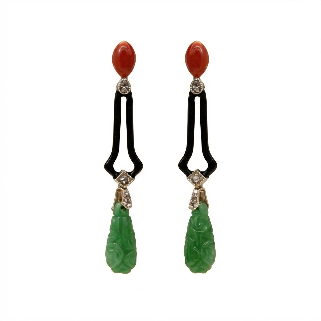 Art Deco 9K Gold Earrings with Rose-Cut Diamonds 0.25 ct, Red Mediterranean Coral, Jade &amp; Black Enamel