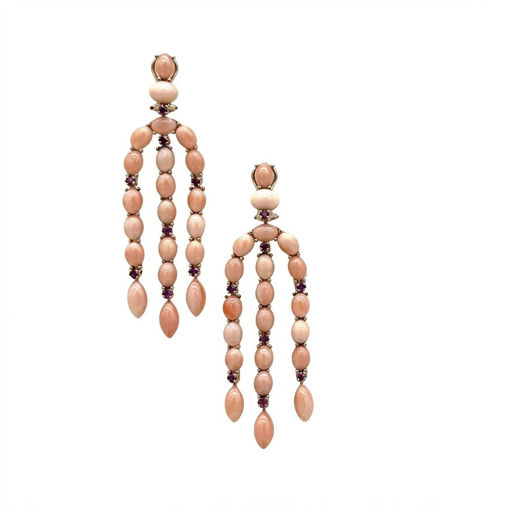 Art Deco 9K Gold Earrings with Rubellite &amp; Pink Coral