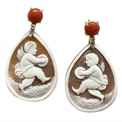 Hand-Carved Angel Cameo Earrings with Red Coral (Corallium Rubrum)