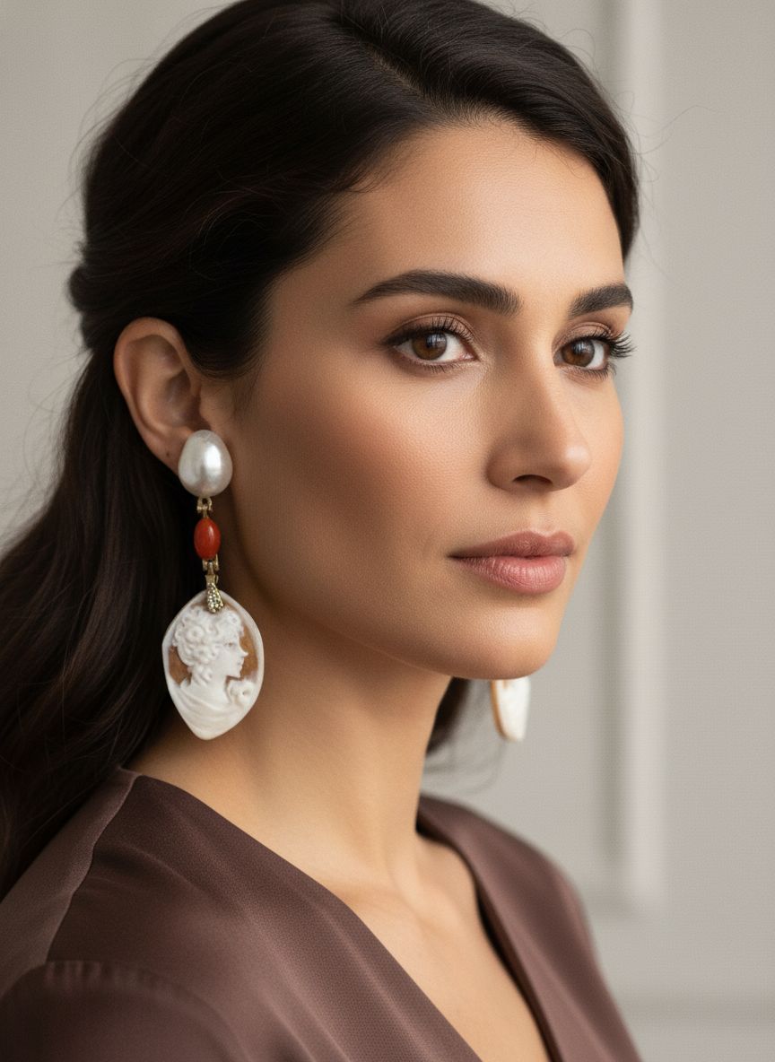 ​Hand-Carved Cameo Earrings with Keshi Pearls &amp; Red Coral (Corallium Rubrum)