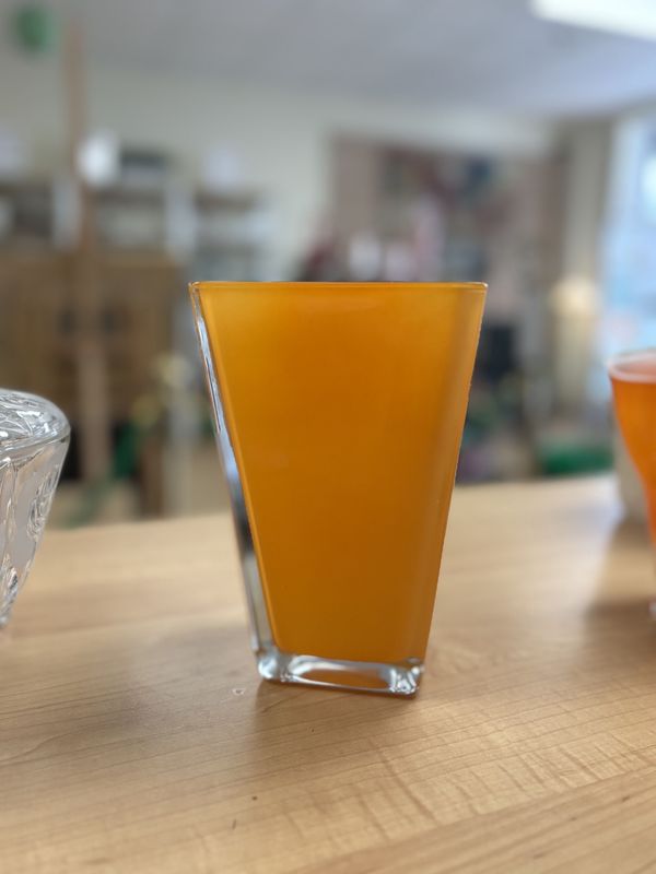 Glass. Poland. Vase w/Square Top. Orange. 6.75&quot;W