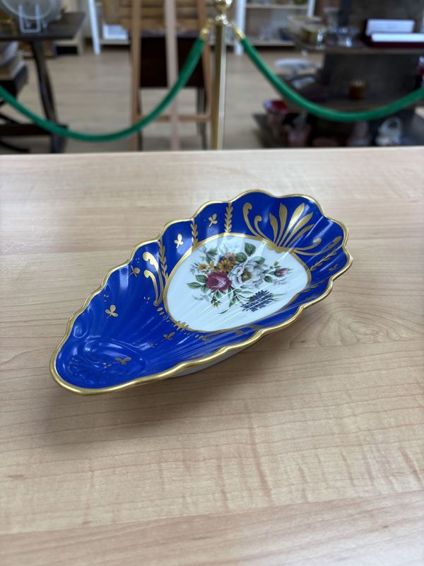 Porcelain. France.  Limoges. Small Pear-shaped Tray. Blue w/Floral Painting &amp; Gold Scalloped Rim.  7.5&quot;L