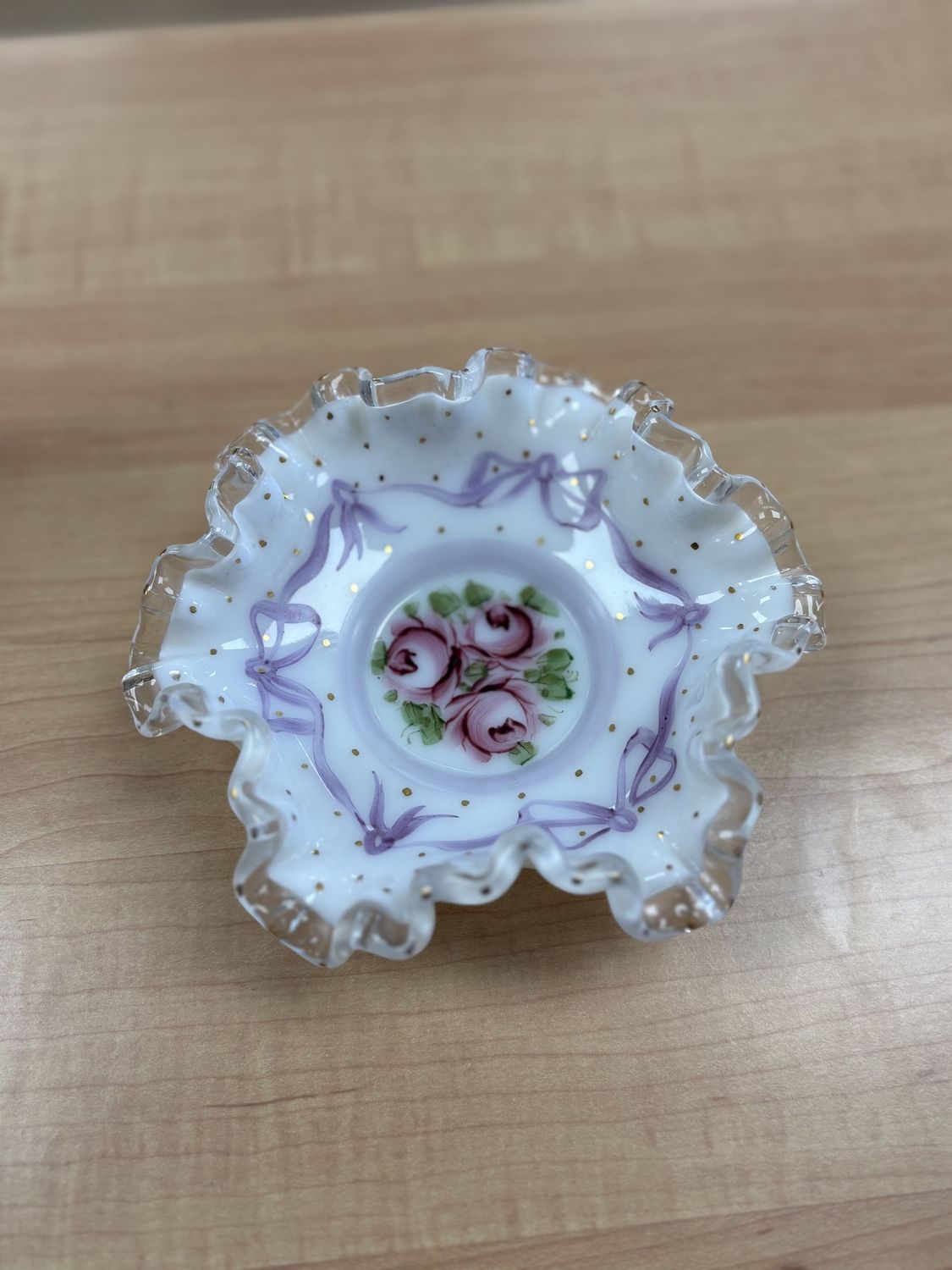 Glass. USA. Fenton. Candy Dish. Charlton Rose. Hand Painted w/ Pink Roses &amp; Purple Bows. 6&quot;W