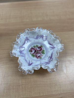 Glass. USA. Fenton. Candy Dish. Charlton Rose. Hand Painted w/ Pink Roses &amp; Purple Bows. 6"W