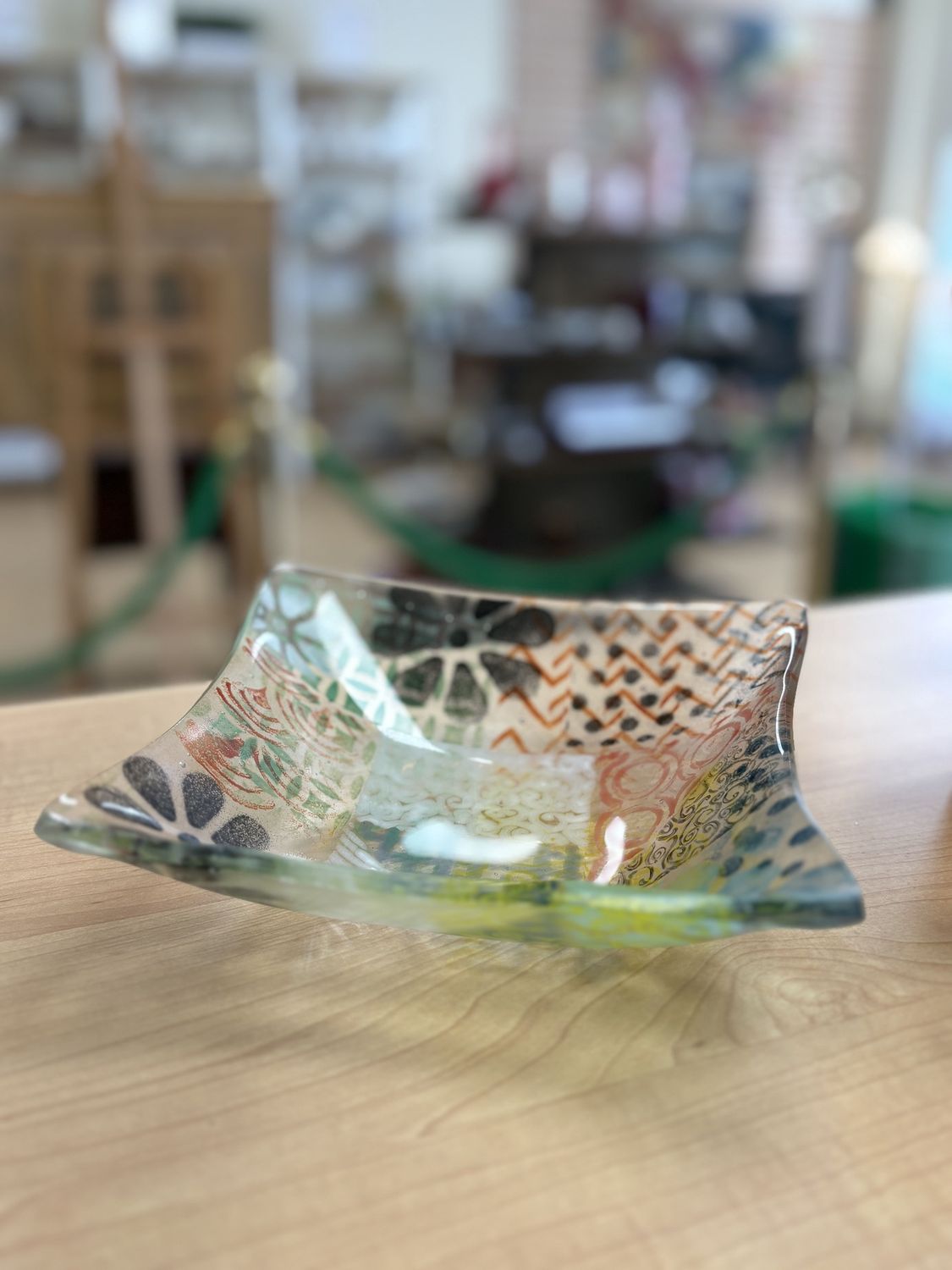 Glass. USA. Square Dish. Clear, Hand-painted w/Black, Orange, Blue, Green, &amp; Yellow Designs. 7&#39;&#39;W