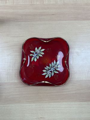 Glass. Czechoslovakia. Bohemian Red &amp; Gold Handblown Square Trinket Dish w/Painted Flowers. 5.5"W