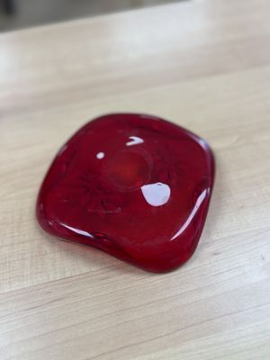 Glass. Czechoslovakia. Bohemian Red &amp; Gold Handblown Square Trinket Dish w/Painted Flowers. 5.5"W