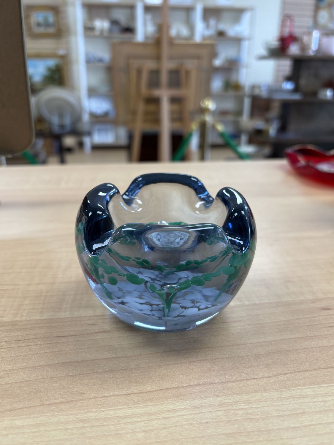 Glass. Paperweight Bowl/Ashtray. Blue w/ White &amp; Green Design. 3.5L&#39;&#39; x 2.5H&#39;&#39;
