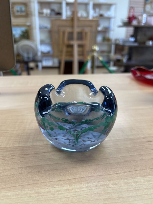 Glass. Paperweight Bowl/Ashtray. Blue w/ White &amp; Green Design. 3.5L&#39;&#39; x 2.5H&#39;&#39;