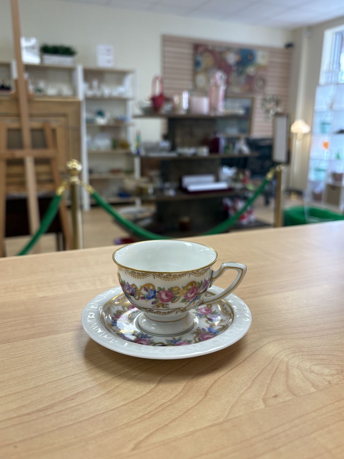 Porcelain. Germany. Rosenthal. Demitasse Cup &amp; Saucer. Maria. Pink &amp; Blue w/Purple Florals &amp; Gold Trim.