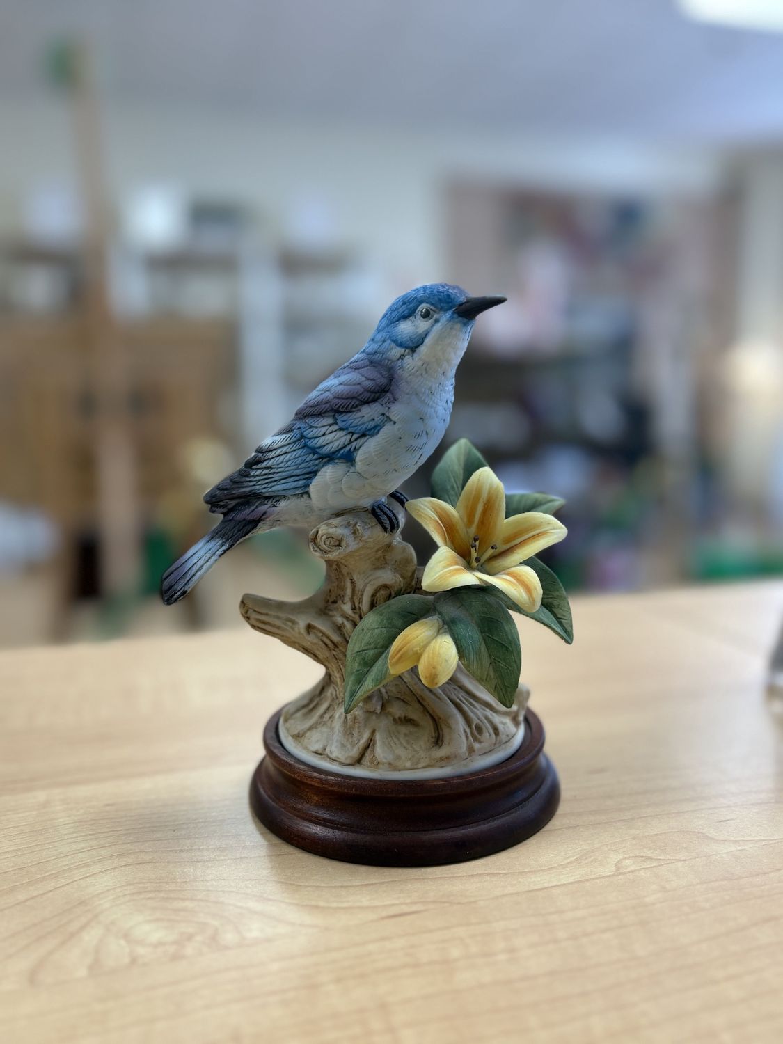 Porcelain. Japan. Mountain Bluebird. Blue. Yellow. Flowers. Figurine.