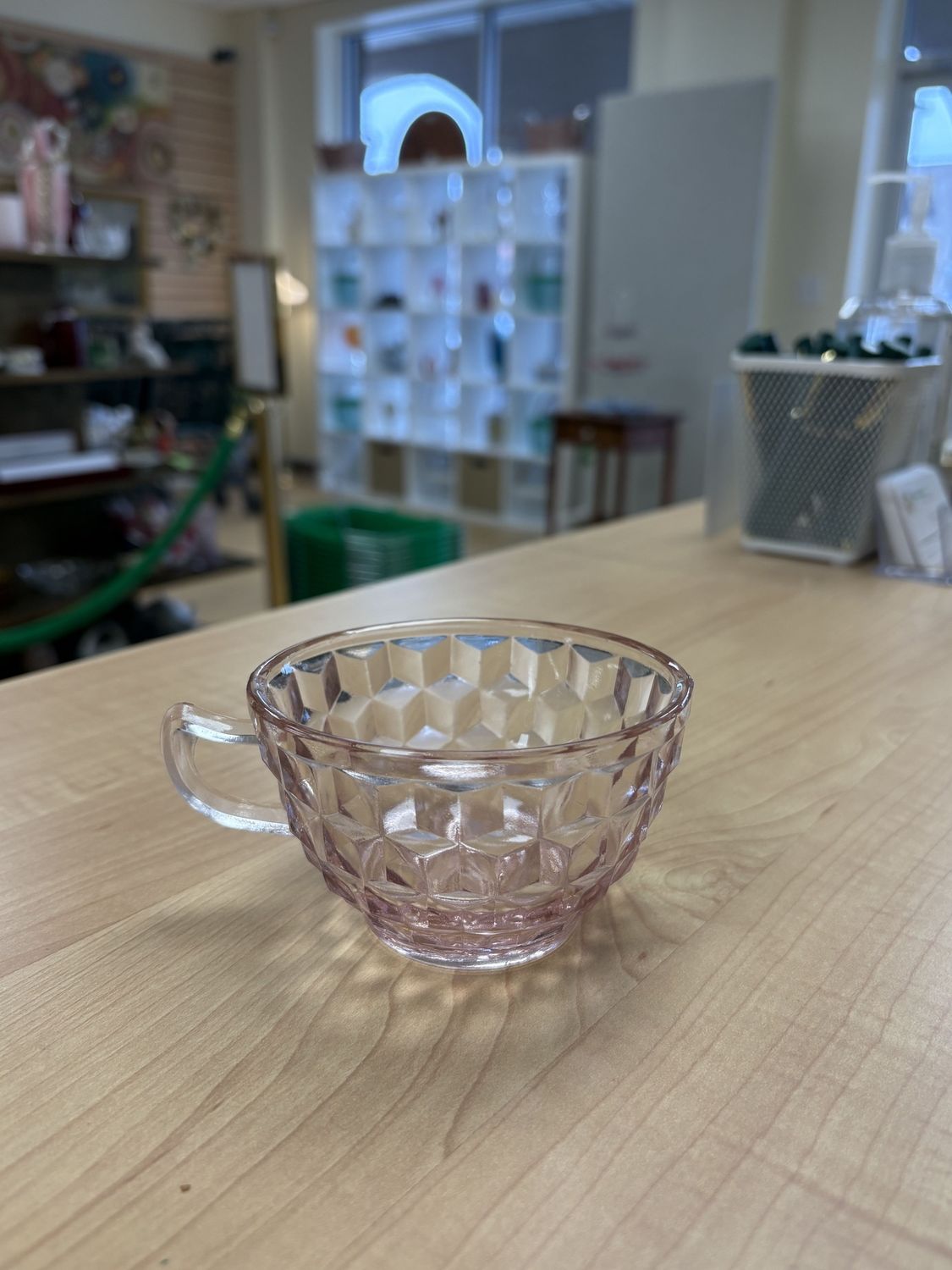 Glass. USA. Cup. Cube Depression. Pink.