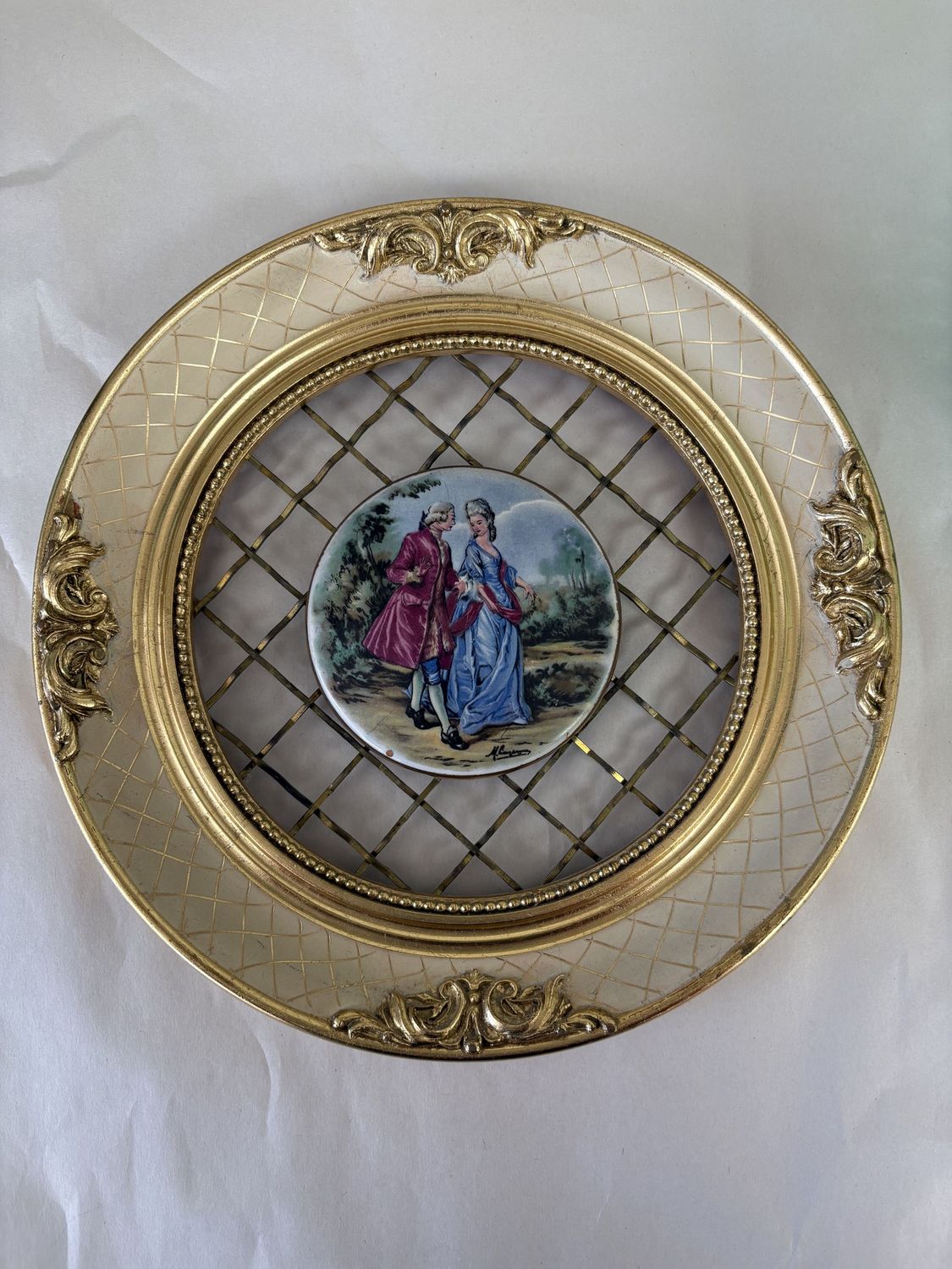 Porcelain. France. Limoges. Wall Decor Depicting Courting Couple. Round Ornate Gold Frame. 8&quot;W
