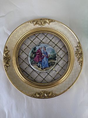 Porcelain. France. Limoges. Wall Decor Depicting Courting Couple. Round Ornate Gold Frame. 8"W