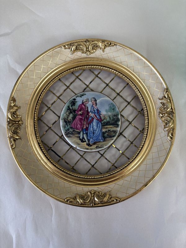 Porcelain. France. Limoges. Wall Decor Depicting Courting Couple. Round Ornate Gold Frame. 8&quot;W