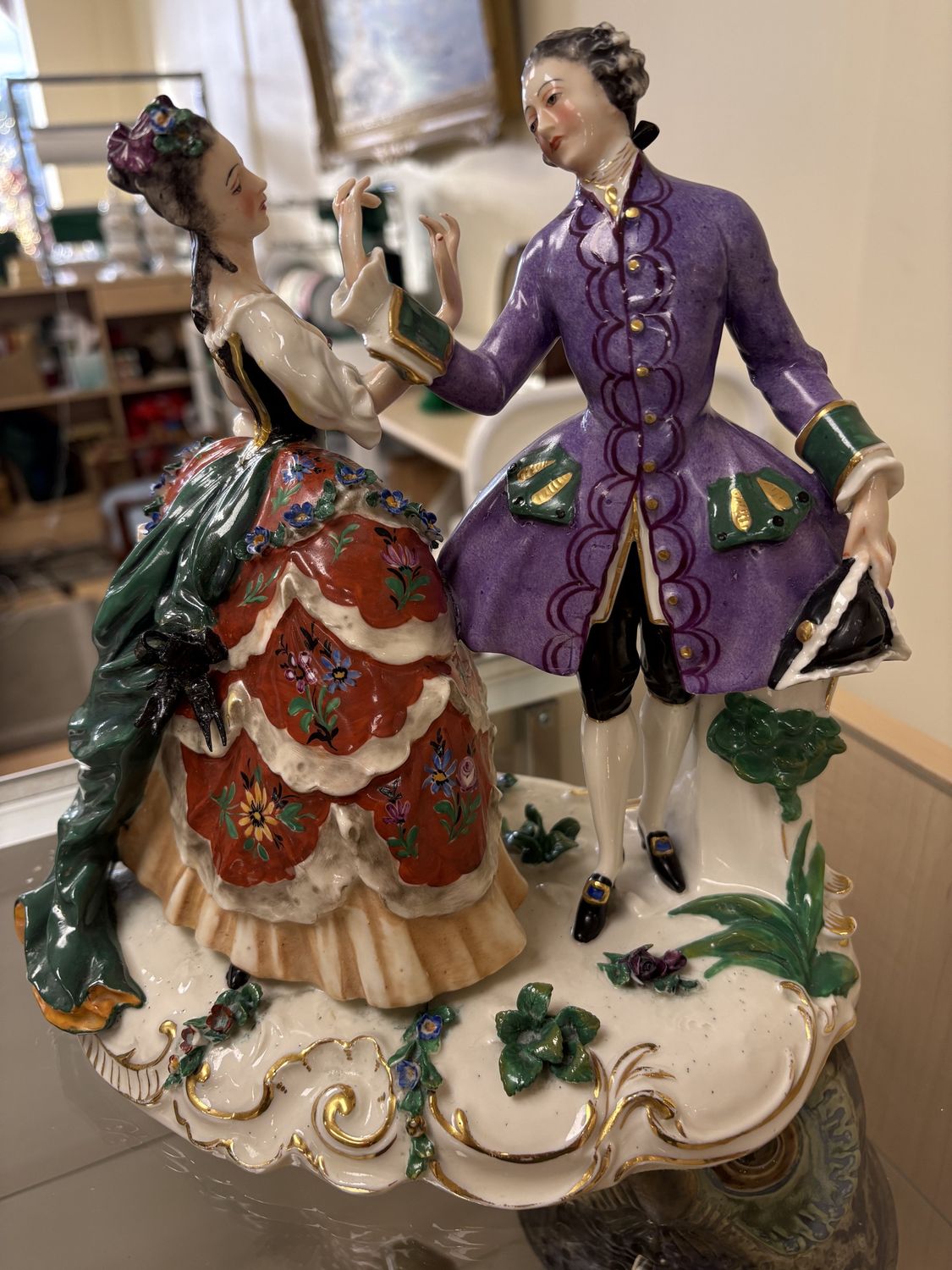 Figurine. Germany. Frankenthal. Porcelain. Colonial Couple Dancing, Wearing Red Dress &amp; Purple Coat. 9&quot;W x 9&quot;H