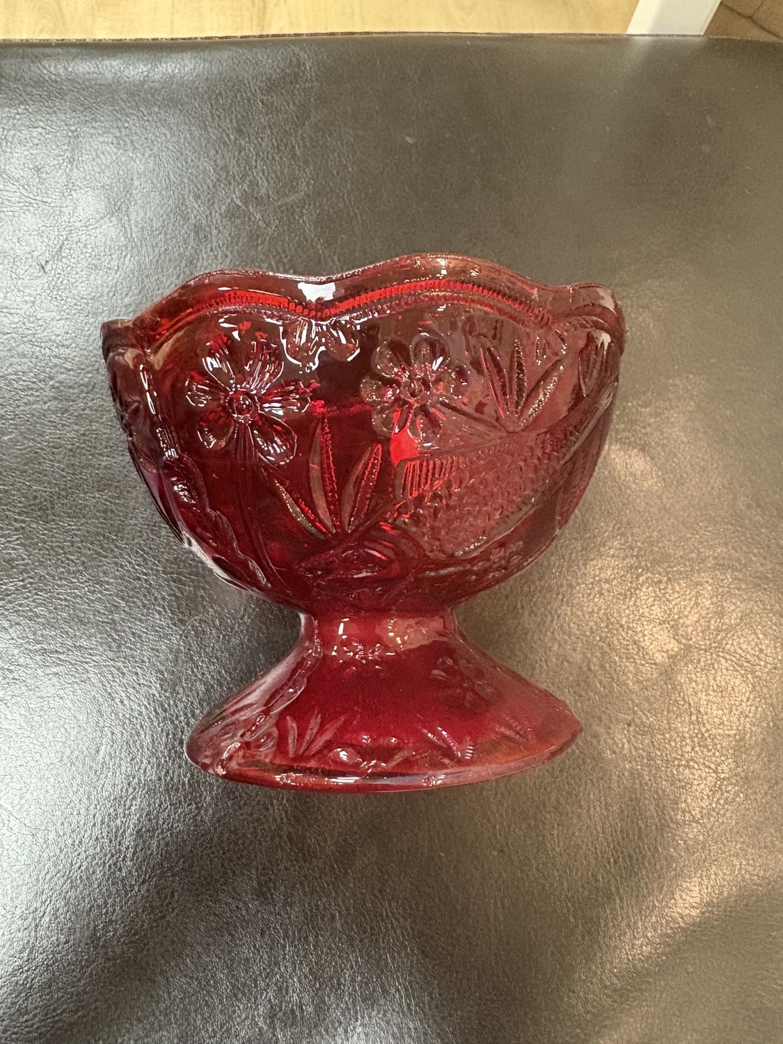 Glass. USA. Fenton. Candy Dish. Ruby Red with Fish and Floral Details.