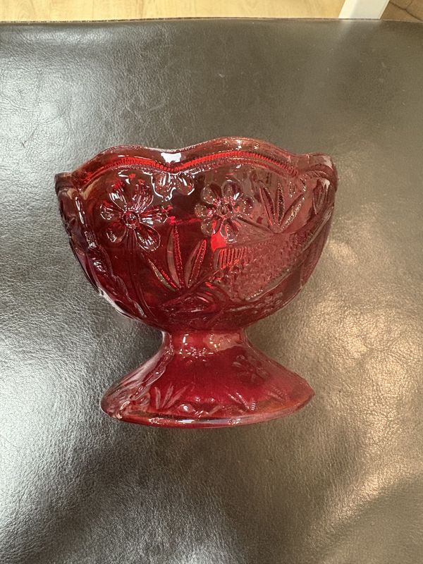 Glass. USA. Fenton. Candy Dish. Ruby Red with Fish and Floral Details.