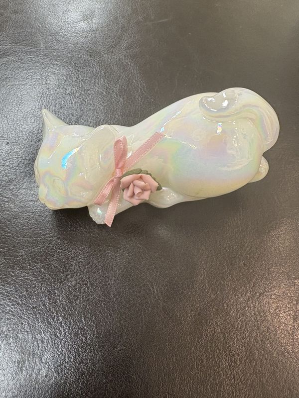 Glass. USA. Fenton. Pouncing Cat. Opalescent w/Pink Ribbon &amp; Ceramic Rose. 4&quot;L