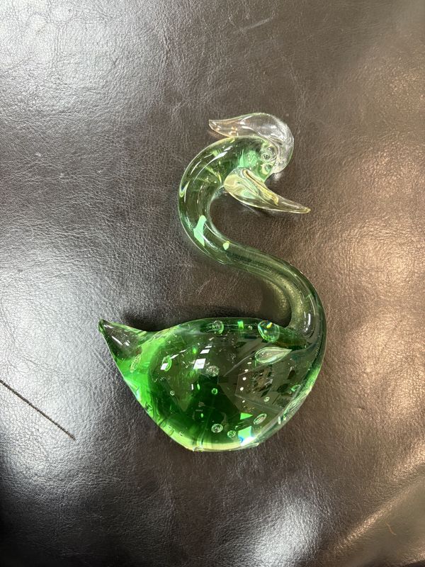Glass. Japan. Kreiss. Hand-Blown  Swan Paperweight. Green