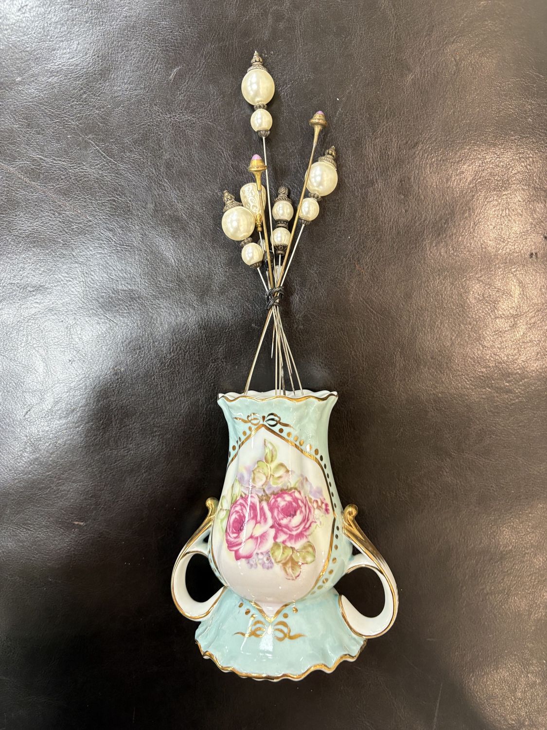 Porcelain. France.  Limoges. Hatpin Holder. Aqua w/Pink Roses &amp; Gold Trim. 5.25&quot;H