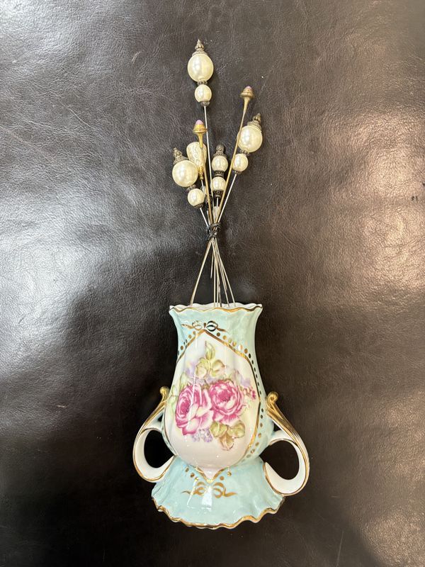 Porcelain. France.  Limoges. Hatpin Holder. Aqua w/Pink Roses &amp; Gold Trim. 5.25&quot;H