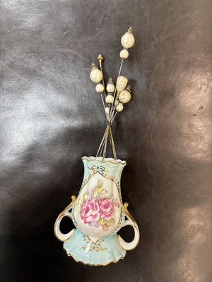 Porcelain. France.  Limoges. Hatpin Holder. Aqua w/Pink Roses &amp; Gold Trim. 5.25"H