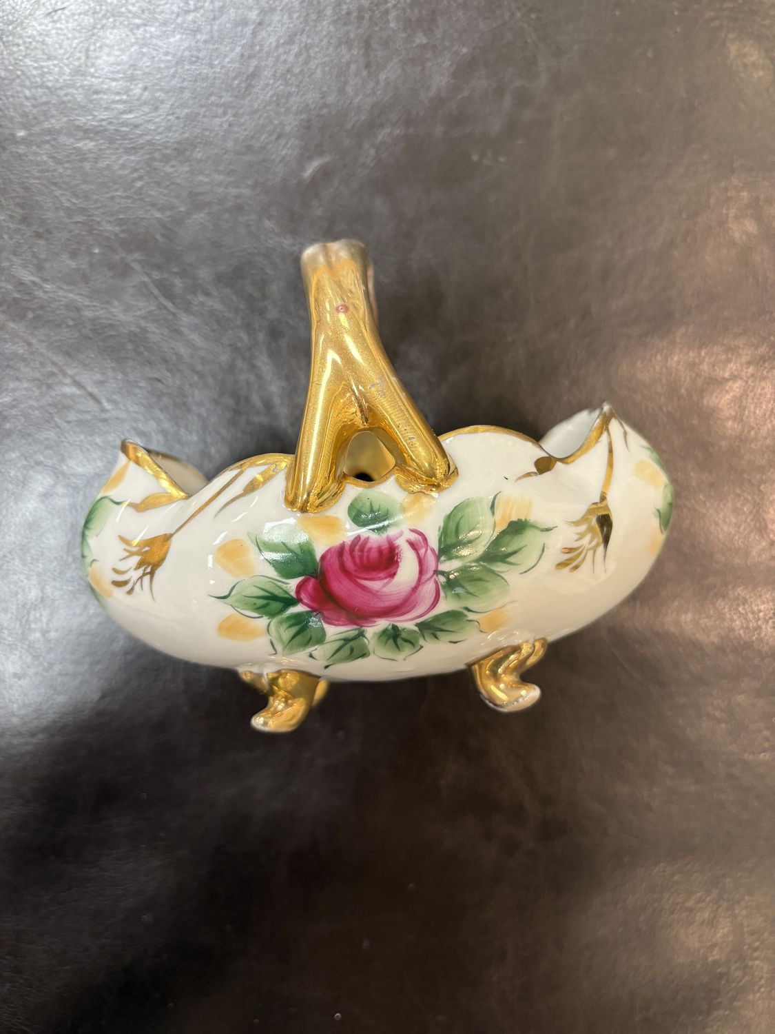 Porcelain. Japan. Beckwith. Candy Basket. Purple Rose with Gold Accents. Gold Footed.