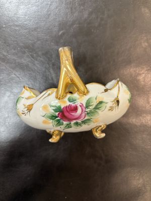 Porcelain. Japan. Beckwith. Candy Basket. Purple Rose with Gold Accents. Gold Footed.